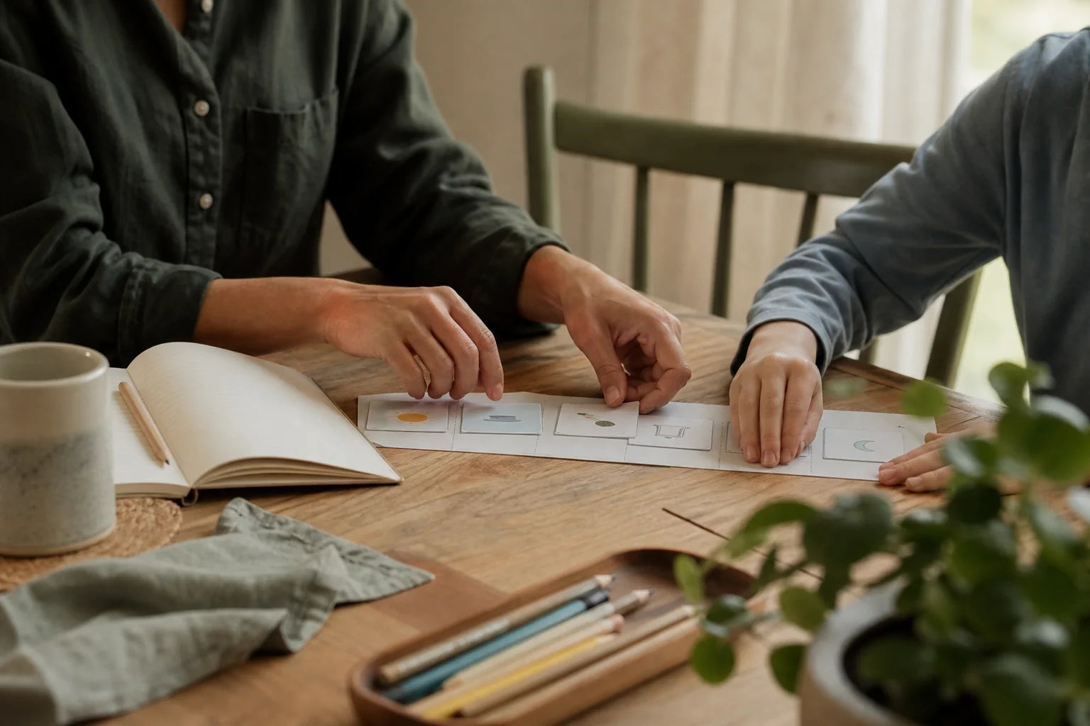 A caregiver and child using visual cards together at a warm family table