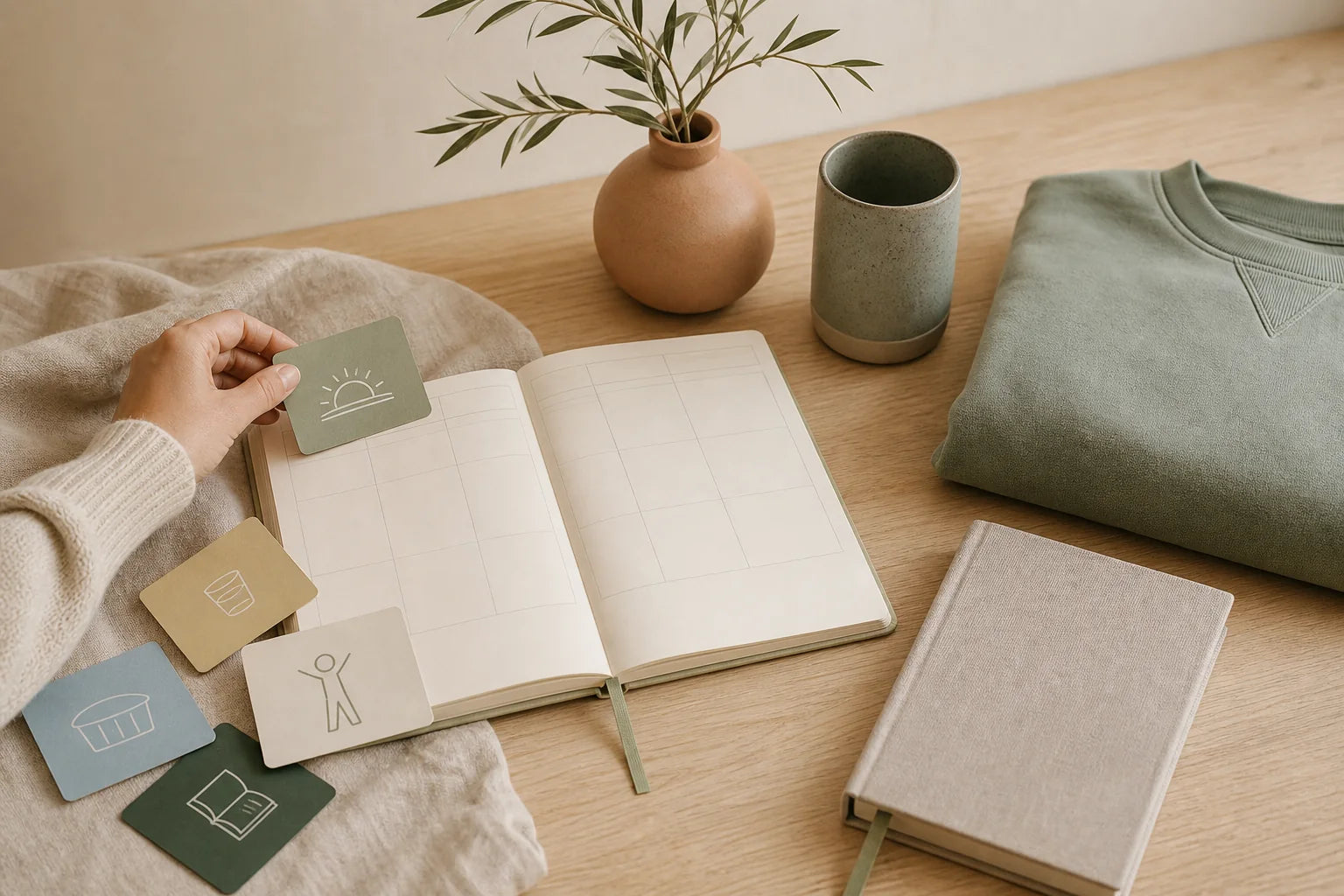 An open family planner, visual routine cards, a sage sweatshirt, journal, and ceramic tumbler arranged on a light oak table