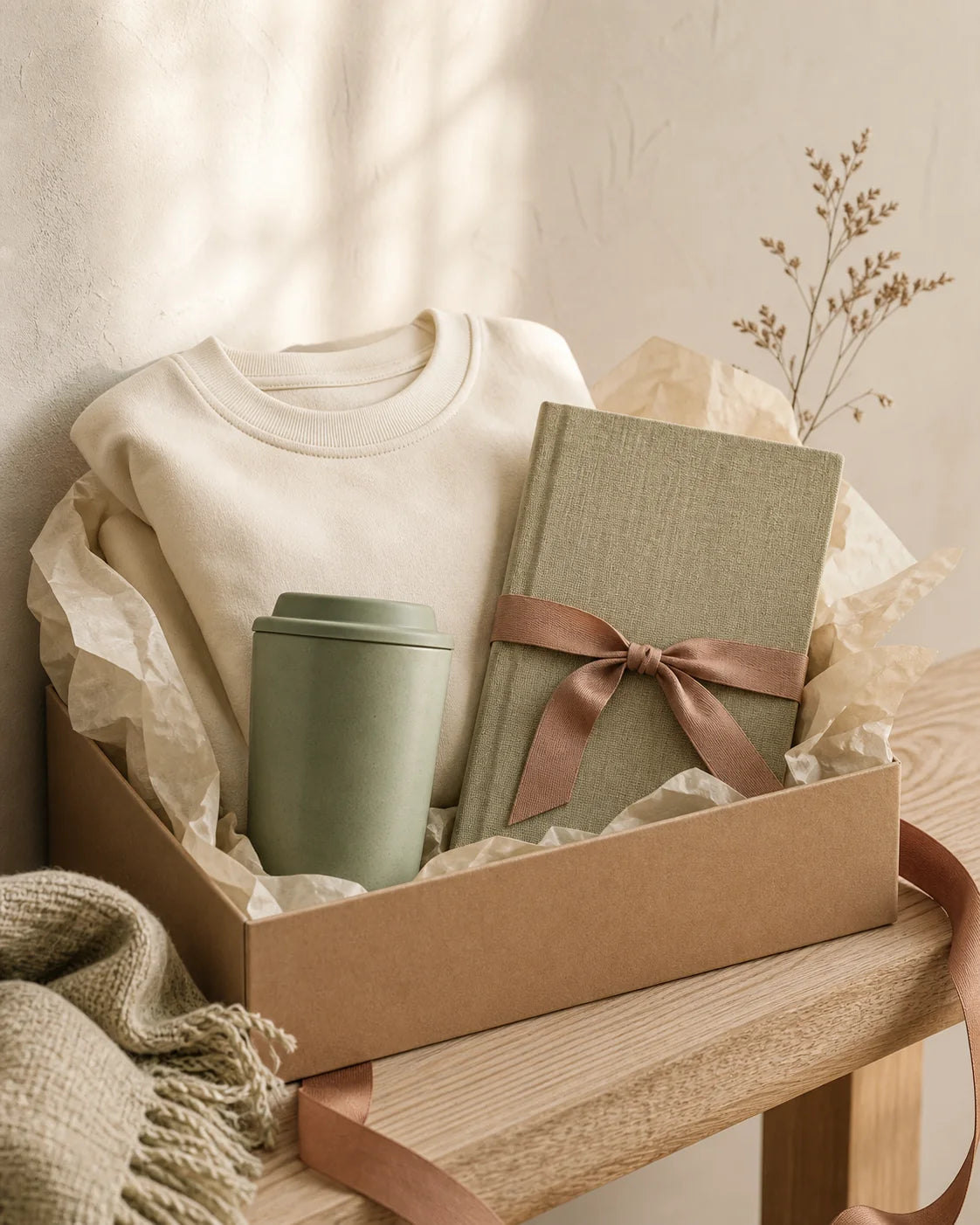 A sage tumbler, cream sweatshirt, and linen journal arranged as a thoughtful gift set
